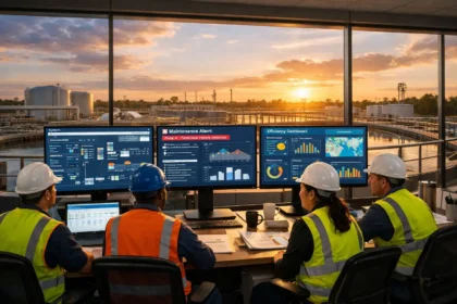 Equipe de operadores monitora dados em tempo real em uma estação de tratamento de água moderna ao pôr do sol, utilizando painéis digitais para análise de eficiência operacional e manutenção preditiva.