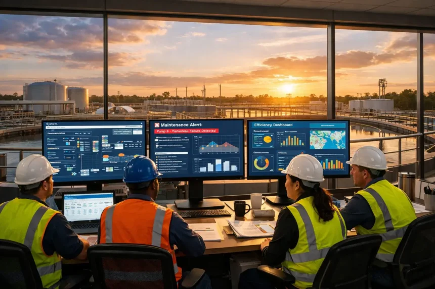 Equipe de operadores monitora dados em tempo real em uma estação de tratamento de água moderna ao pôr do sol, utilizando painéis digitais para análise de eficiência operacional e manutenção preditiva.