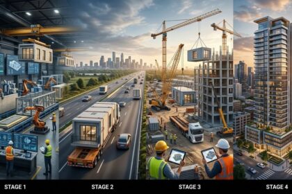 Processo de construção industrializada em quatro etapas: fabricação automatizada de módulos, transporte rodoviário, montagem no canteiro de obras e edifício finalizado em ambiente urbano.