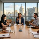 Executiva liderando reunião de diretoria com equipe diversa em sala de reuniões moderna, com vista para prédios de uma grande cidade ao fundo, simbolizando liderança feminina e diversidade no mercado imobiliário.