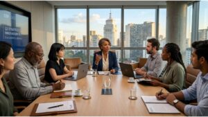 Executiva liderando reunião de diretoria com equipe diversa em sala de reuniões moderna, com vista para prédios de uma grande cidade ao fundo, simbolizando liderança feminina e diversidade no mercado imobiliário.