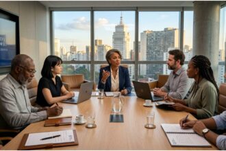 Executiva liderando reunião de diretoria com equipe diversa em sala de reuniões moderna, com vista para prédios de uma grande cidade ao fundo, simbolizando liderança feminina e diversidade no mercado imobiliário.