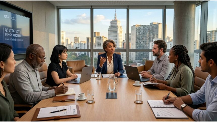 Executiva liderando reunião de diretoria com equipe diversa em sala de reuniões moderna, com vista para prédios de uma grande cidade ao fundo, simbolizando liderança feminina e diversidade no mercado imobiliário.