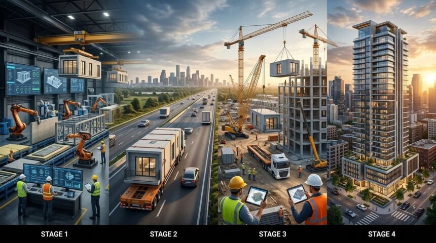 Processo de construção industrializada em quatro etapas: fabricação automatizada de módulos, transporte rodoviário, montagem no canteiro de obras e edifício finalizado em ambiente urbano.