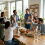 Equipe diversa de profissionais celebrando em um escritório moderno, com plantas naturais, luz do dia e ambiente colaborativo, simbolizando soft skills e bem-estar no trabalho.