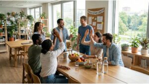 Equipe diversa de profissionais celebrando em um escritório moderno, com plantas naturais, luz do dia e ambiente colaborativo, simbolizando soft skills e bem-estar no trabalho.