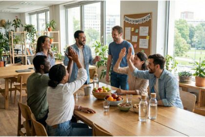 Equipe diversa de profissionais celebrando em um escritório moderno, com plantas naturais, luz do dia e ambiente colaborativo, simbolizando soft skills e bem-estar no trabalho.