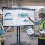 Engenheiros e gestores de obras analisam indicadores de desempenho em um dashboard digital no canteiro de obras, utilizando tablets e notebooks para monitorar a produtividade e a digitalização na construção civil.