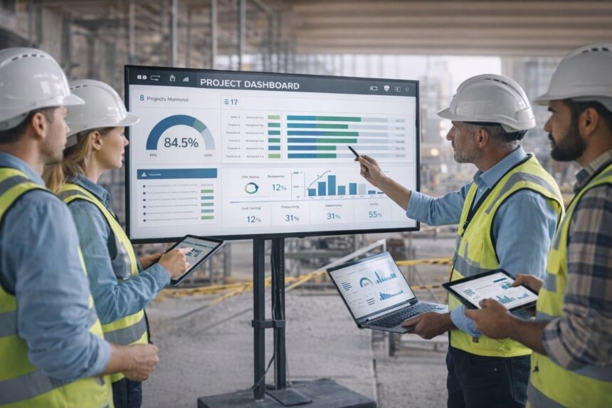 Engenheiros e gestores de obras analisam indicadores de desempenho em um dashboard digital no canteiro de obras, utilizando tablets e notebooks para monitorar a produtividade e a digitalização na construção civil.