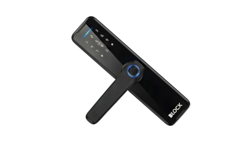 Fechadura eletrônica DLH 1400 MC da DLock Hospitality em acabamento preto, com teclado touch screen iluminado e leitor biométrico integrado.