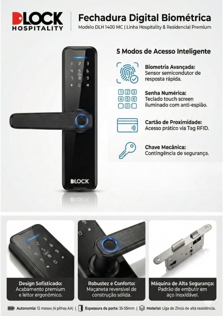 Imagem promocional da fechadura digital biométrica DLH 1400 MC da DLock Hospitality, destacando cinco modos de acesso inteligente, design sofisticado, robustez, conforto e máquina de alta segurança.