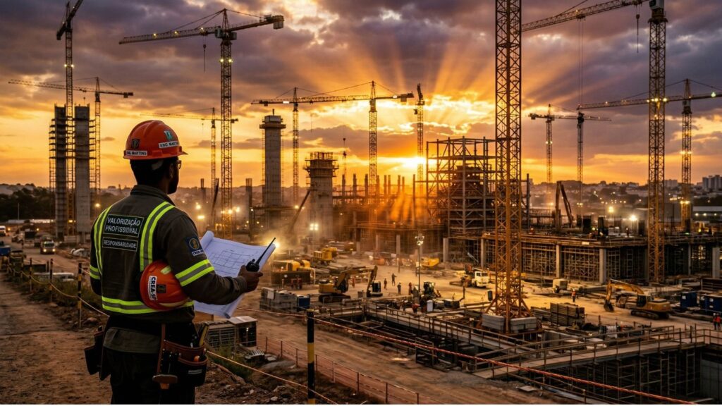 Engenheiro com capacete e colete de segurança observa canteiro de obras ao pôr do sol, com guindastes e estruturas em construção ao fundo.