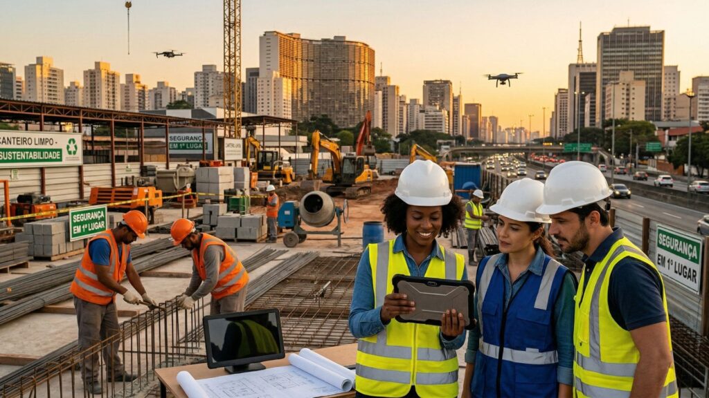 Engenheiros e operários em um canteiro de obras urbano em São Paulo, utilizando tablet para análise de dados, com drones sobrevoando e placas de sustentabilidade e segurança visíveis.