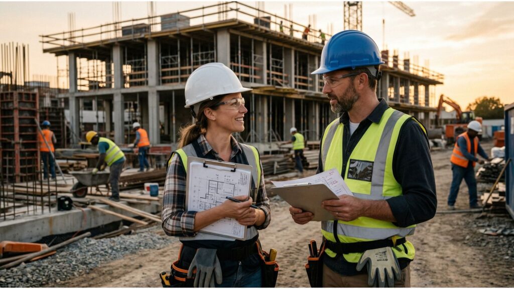 Engenheira e engenheiro conversam sorrindo em um canteiro de obras, usando capacetes e coletes de segurança, segurando pranchetas com plantas e anotações, com trabalhadores e estrutura de prédio em construção ao fundo.