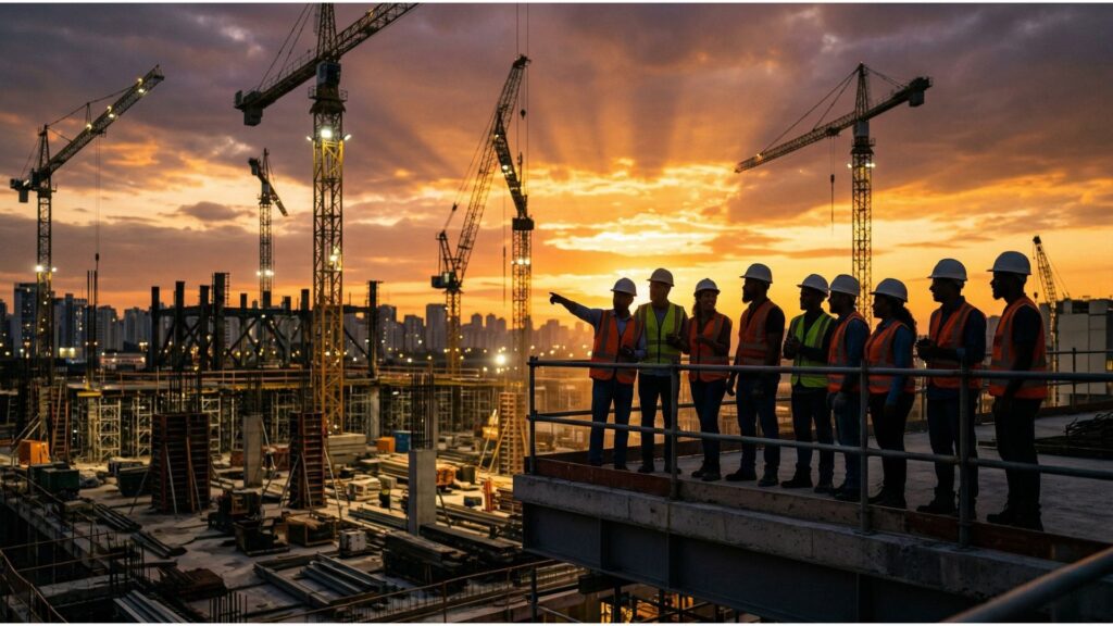 Equipe de trabalhadores da construção civil com capacetes e coletes de segurança observa o canteiro de obras ao pôr do sol, com guindastes e estruturas ao fundo.