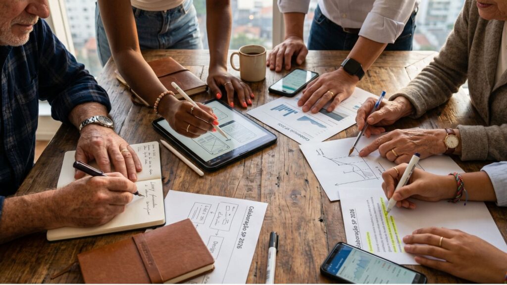 Imagem mostra grupo de profissionais analisando gráficos, anotações e dispositivos digitais em mesa de reunião, simbolizando colaboração e inovação na construção civil — Imagem Ilustrativa criada pela Equipe C3.
