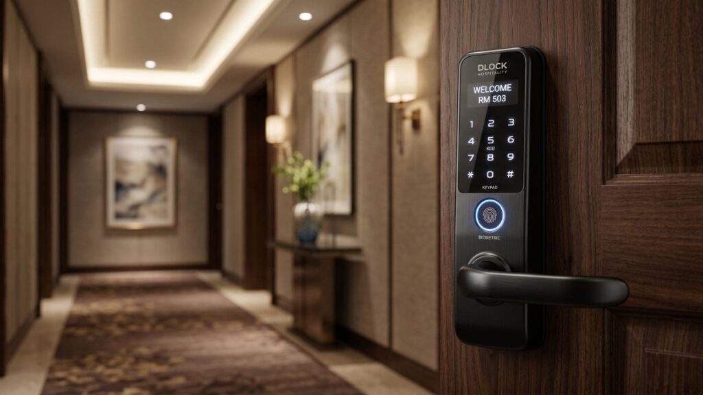 Fechadura eletrônica DLock Hospitality instalada em porta de hotel, com teclado iluminado e leitor biométrico, em corredor sofisticado. Imagem Ilustrativa criada pela Equipe C3.