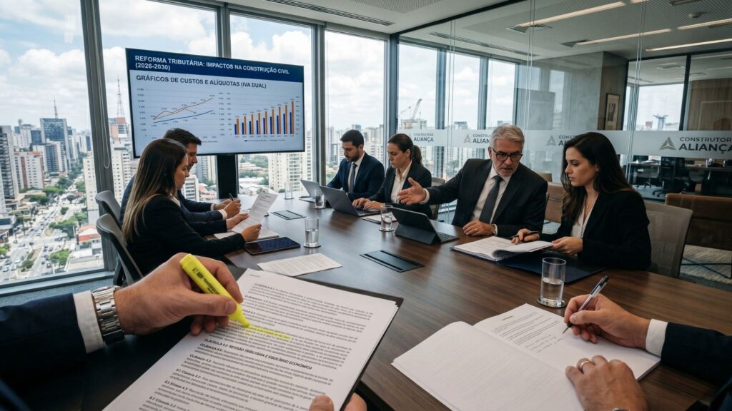 Executivos e advogados de uma construtora analisam contratos e gráficos de custos em uma sala de reuniões moderna, com vista panorâmica para a cidade e apresentação sobre impactos da Reforma Tributária na construção civil.