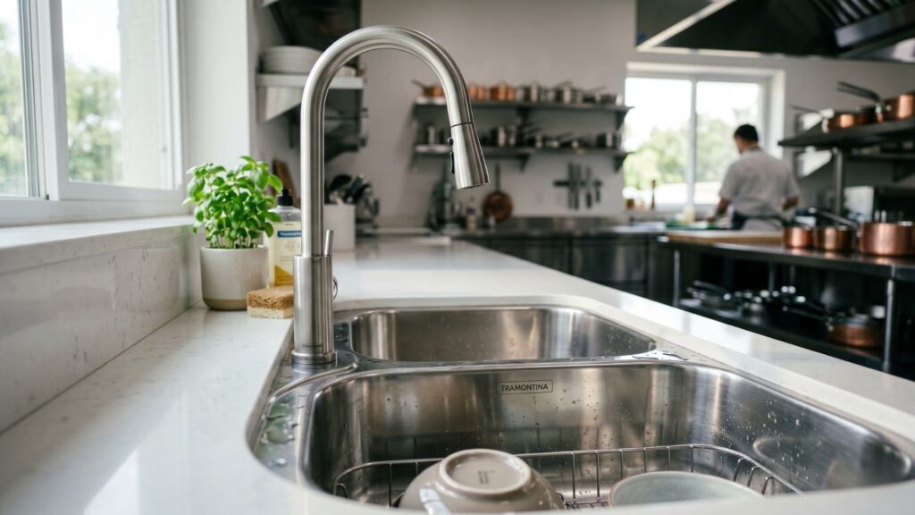 Cuba de inox Tramontina instalada em bancada de cozinha profissional, com torneira moderna, vaso de ervas e utensílios ao fundo, em ambiente iluminado e organizado.