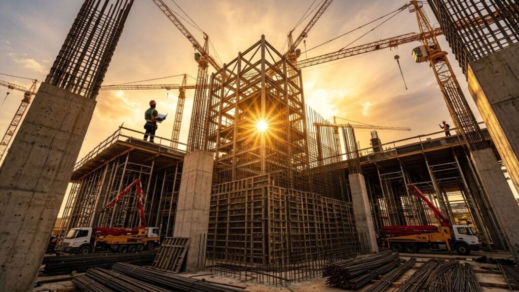 Canteiro de obras com estrutura metálica, guindastes e trabalhadores equipados com EPIs ao pôr do sol, simbolizando segurança, inovação e progresso na construção civil.