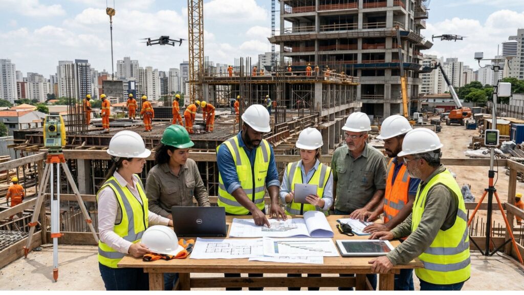Engenheiros e operários analisam plantas e dados digitais em um canteiro de obras moderno em São Paulo, com drones sobrevoando e trabalhadores atuando na estrutura do edifício ao fundo.