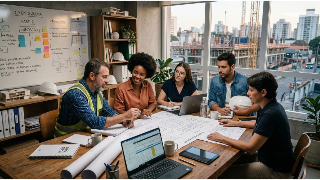 Equipe multidisciplinar de profissionais da construção civil reunida em sala de reunião, analisando plantas e cronogramas, com quadro de planejamento ao fundo e vista para obras e cidade pela janela.