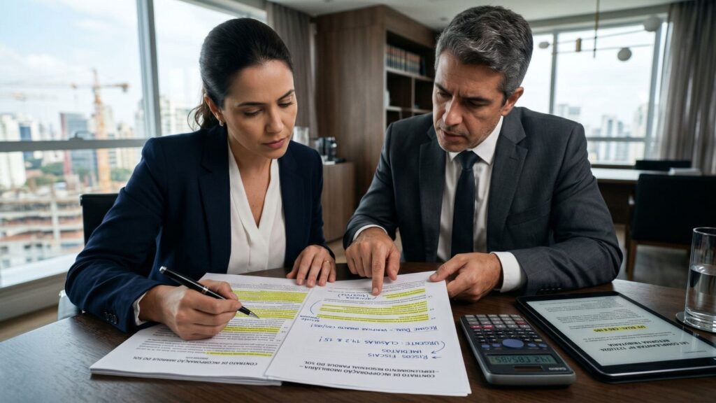 Dois executivos analisam e destacam cláusulas de contratos e documentos fiscais sobre a Reforma Tributária, com calculadora e tablet sobre a mesa, em escritório moderno com vista para obras ao fundo.