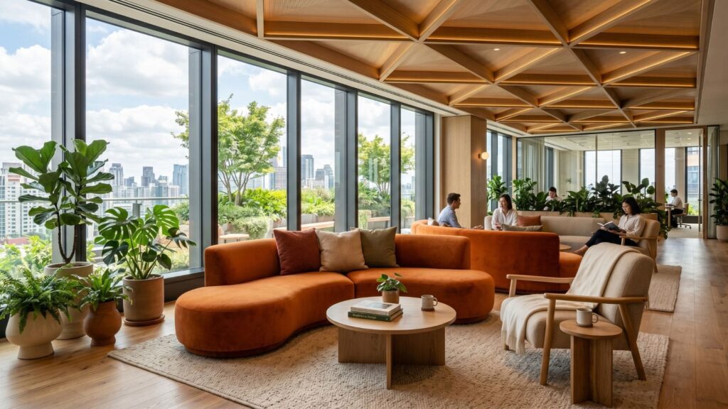 Ambiente corporativo sofisticado com sofás laranja, poltronas claras, mesas de centro, plantas naturais e grandes janelas de vidro com vista para a cidade, promovendo integração, bem-estar e design biofílico.