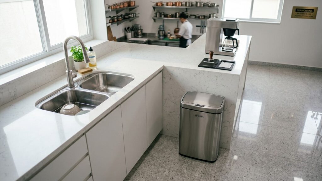 Cozinha profissional com bancada de pedra branca, cuba dupla de inox Tramontina, lixeira inox Tramontina, cafeteira e utensílios organizados, em ambiente amplo e iluminado.