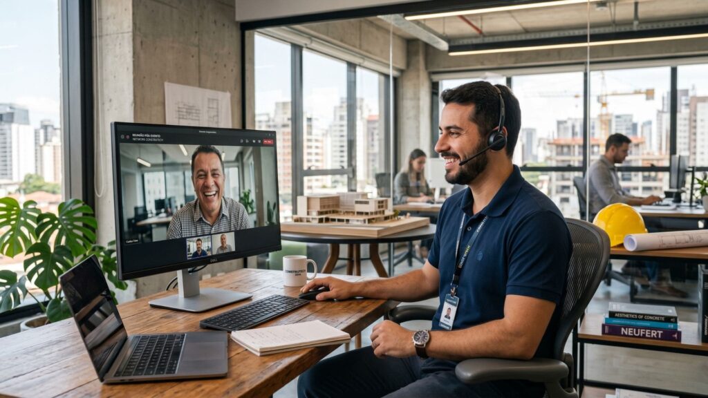 Profissional da construção civil realizando videoconferência em escritório moderno, fortalecendo networking e relacionamento pós-evento.