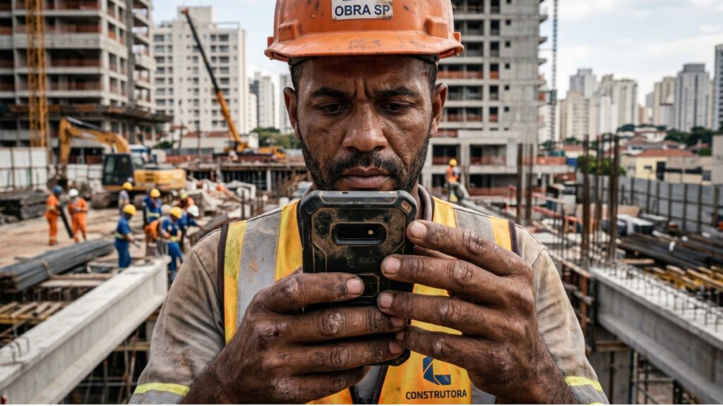 Trabalhador da construção civil utilizando smartphone em canteiro de obras, com prédios ao fundo, destacando o uso de tecnologia no setor. Imagem Ilustrativa criada pela Equipe C3.