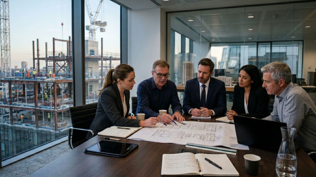 Executivos e engenheiros analisando projeto de obra com foco no custo oculto da obra e no TCO em ambiente corporativo - Imagem Ilustrativa criada pela Equipe C3