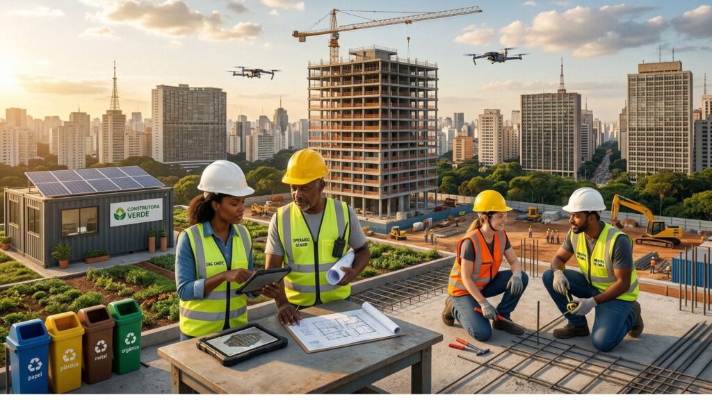 Engenheiros e operários em um canteiro de obras sustentável em São Paulo, com lixeiras de coleta seletiva, painéis solares, drones sobrevoando e edifícios ao fundo.
