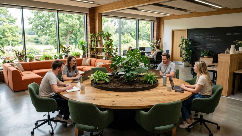 Ambiente de escritório colaborativo com mesa redonda de madeira, plantas naturais no centro, cadeiras verdes, sofás laranja ao fundo e grandes janelas de vidro com vista para áreas verdes externas.