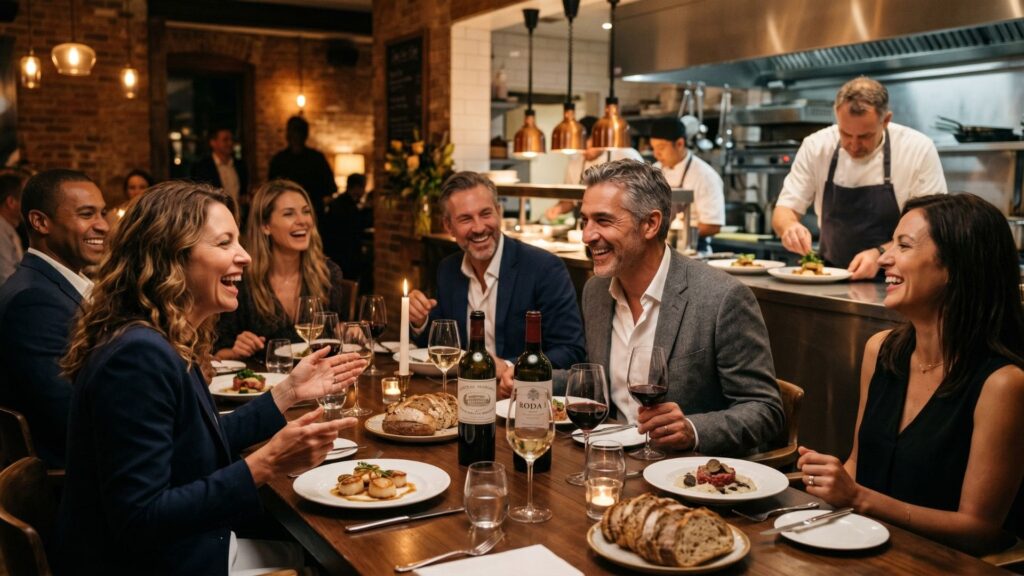 Executivos confraternizando em evento gastronômico corporativo, compartilhando risos e experiências em um restaurante sofisticado.