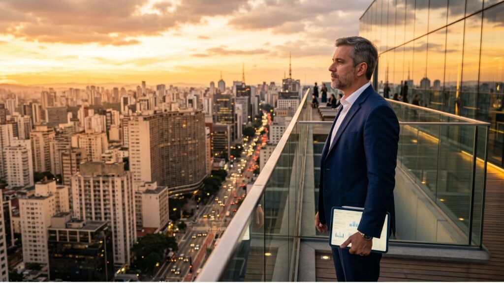 Executivo observa o horizonte de uma grande cidade ao entardecer, segurando um tablet com gráficos, simbolizando visão estratégica e inovação na construção civil. Imagem Ilustrativa criada pela Equipe C3.