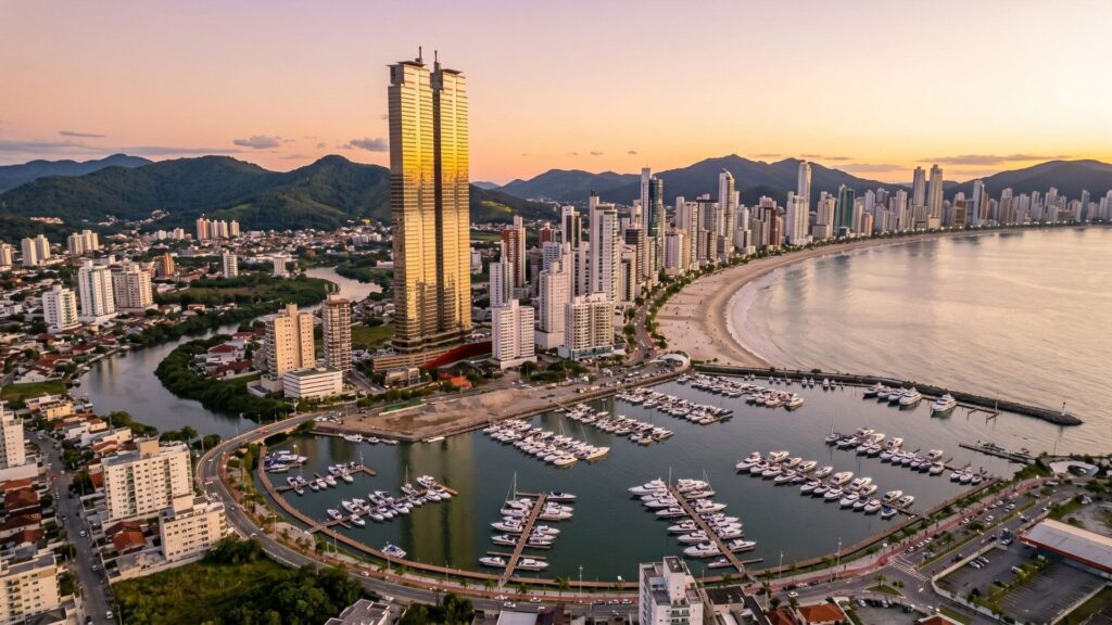 Vista aérea do empreendimento Yachthouse by Pininfarina em Balneário Camboriú, com marina e skyline ao entardecer.