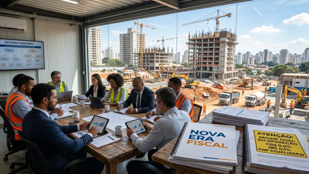 Equipe multidisciplinar de engenheiros, gestores e especialistas discute a Reforma Tributária em sala de reuniões com vista para um grande canteiro de obras, com documentos e tablets sobre a mesa destacando a nova era fiscal e o regime dual em operação.