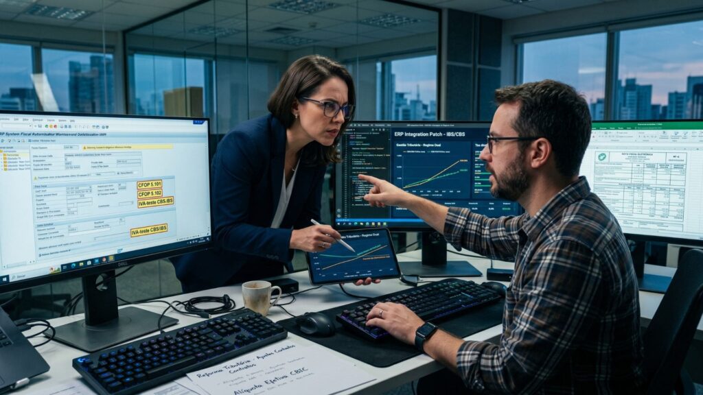 Profissionais de tecnologia e contabilidade analisam integrações de ERP e gráficos fiscais em múltiplos monitores, discutindo ajustes para o regime dual da Reforma Tributária em um escritório moderno com vista urbana.