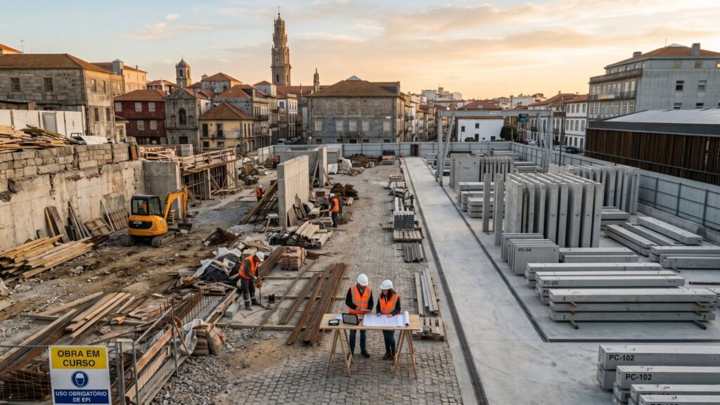 Canteiro de obras com contraste entre construção tradicional e área organizada com pré-fabricados, evidenciando redução do custo oculto da obra - Imagem Ilustrativa criada pela Equipe C3.