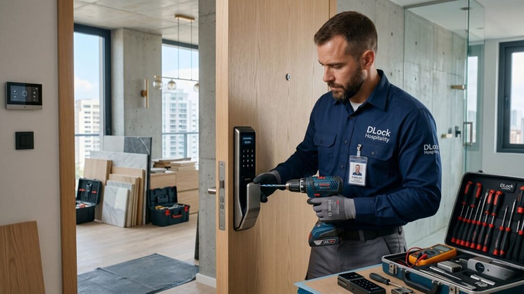 Técnico uniformizado da DLock Hospitality instala fechadura eletrônica em porta de apartamento moderno, com ferramentas profissionais ao lado.