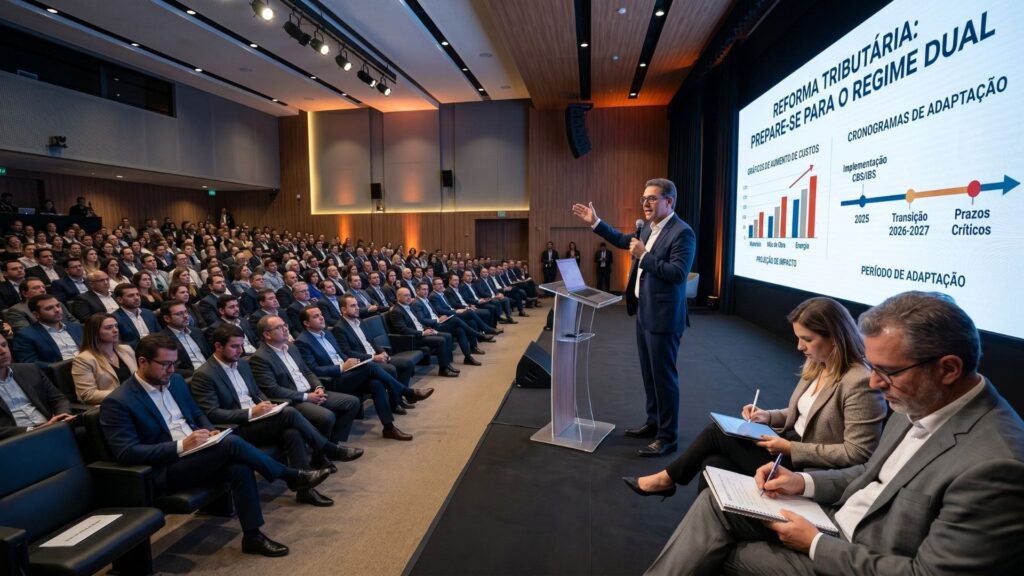 Auditório lotado com líderes do setor da construção civil assistindo a uma palestra sobre a Reforma Tributária e o regime dual, com gráficos e cronogramas de adaptação projetados em um telão.