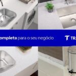 Montagem de imagens de cubas de inox e lixeira Tramontina instaladas em ambientes profissionais, com faixa azul central destacando a frase “Solução completa para o seu negócio” e o logotipo da Tramontina.