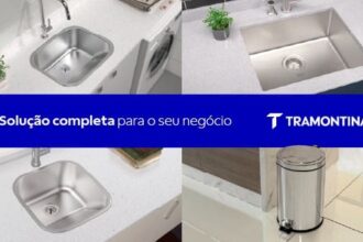 Montagem de imagens de cubas de inox e lixeira Tramontina instaladas em ambientes profissionais, com faixa azul central destacando a frase “Solução completa para o seu negócio” e o logotipo da Tramontina.