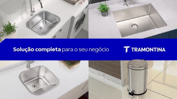 Montagem de imagens de cubas de inox e lixeira Tramontina instaladas em ambientes profissionais, com faixa azul central destacando a frase “Solução completa para o seu negócio” e o logotipo da Tramontina.