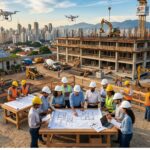 Canteiro de obras moderno em São Paulo com engenheiros e operários analisando plantas, drones sobrevoando, máquinas em operação, painéis solares e lixeiras de coleta seletiva, tendo a cidade ao fundo.