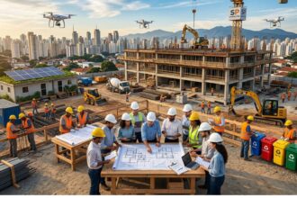 Canteiro de obras moderno em São Paulo com engenheiros e operários analisando plantas, drones sobrevoando, máquinas em operação, painéis solares e lixeiras de coleta seletiva, tendo a cidade ao fundo.