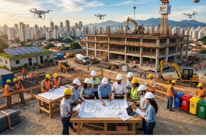 Canteiro de obras moderno em São Paulo com engenheiros e operários analisando plantas, drones sobrevoando, máquinas em operação, painéis solares e lixeiras de coleta seletiva, tendo a cidade ao fundo.