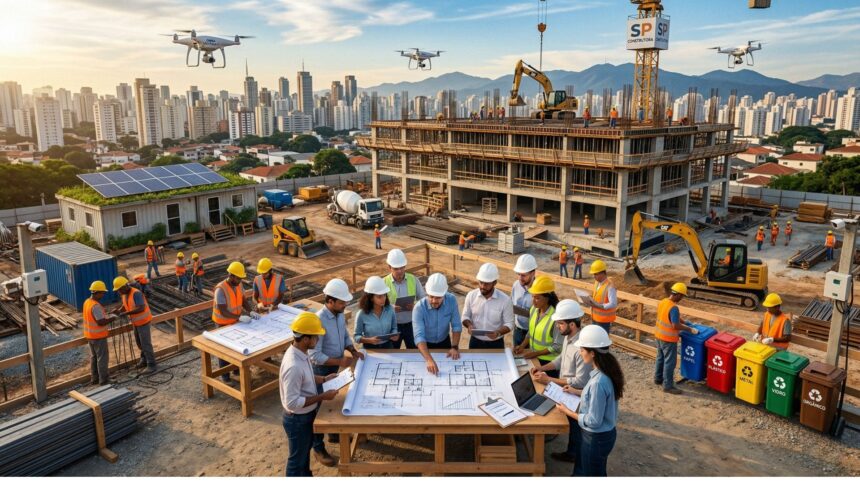 Canteiro de obras moderno em São Paulo com engenheiros e operários analisando plantas, drones sobrevoando, máquinas em operação, painéis solares e lixeiras de coleta seletiva, tendo a cidade ao fundo.