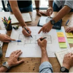 Equipe de profissionais da construção civil colaborando em torno de uma mesa, analisando plantas arquitetônicas, anotações e cronogramas, com destaque para mãos, papéis, canecas e materiais de escritório.